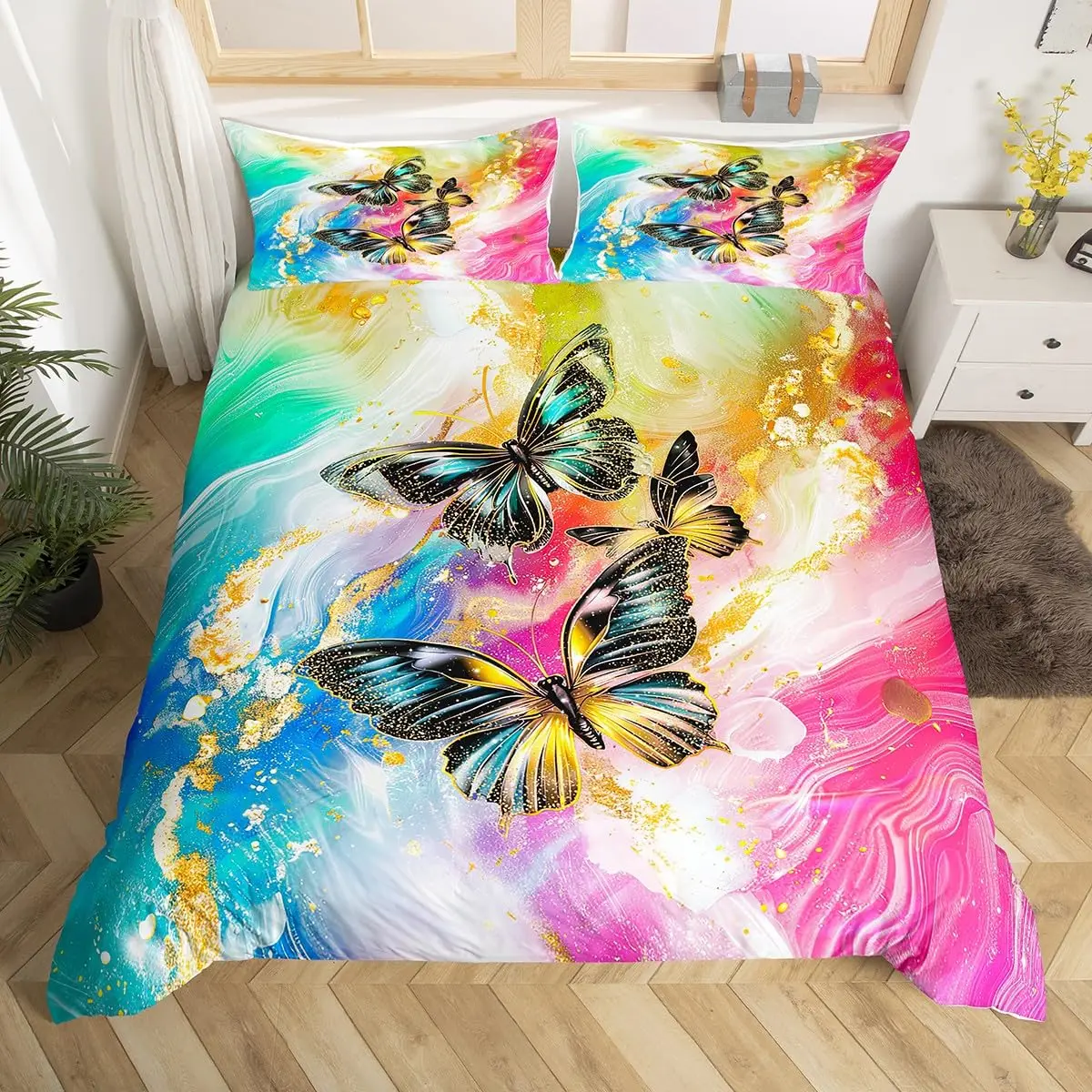 Gradient Rainbow Marble Duvet Cover Dreamy Butterfly Bedding Set Full,Gold Marbling Comforter Cover Abstract Ombre Ink Fluid Art