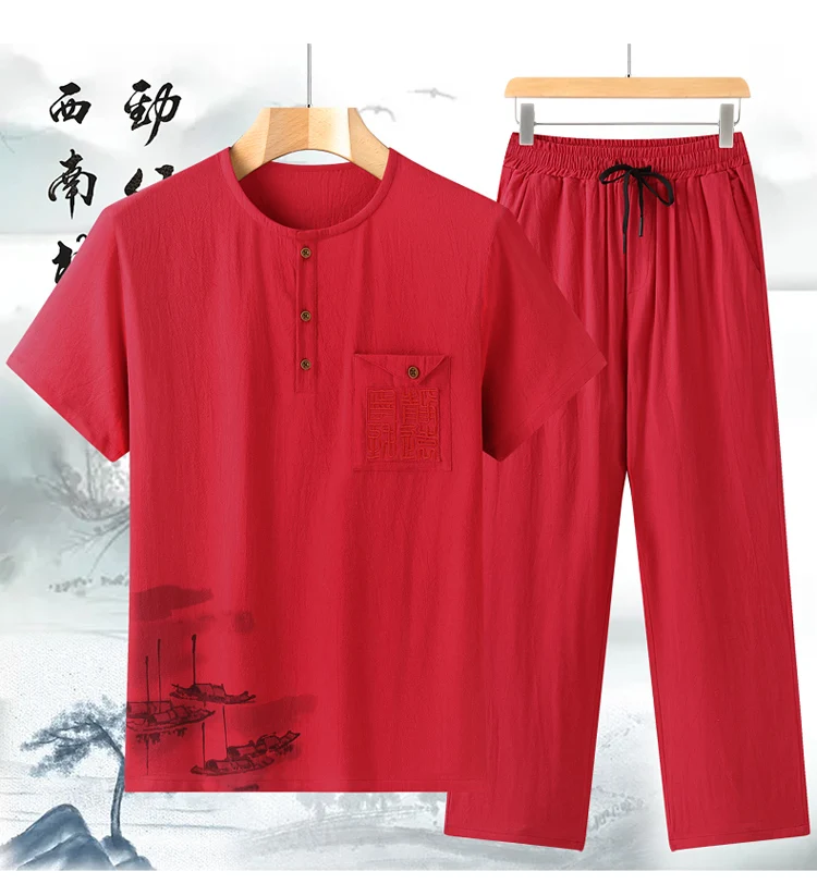 Chinese style Shirts + Pants summer 100% Cotton linen Sportswear Men\'s Casual Sets spring Male Fashion Chinese style trousers