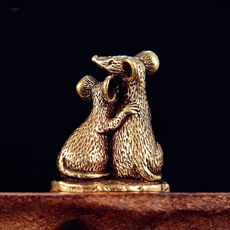 Brass Lover Mouse Small Statue Desktop Decorations Vintage Animal Rat Miniatures Figurines Home Decor Ornaments Crafts Tea Pets