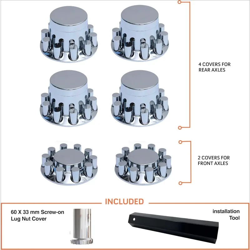 Chrome Front&Rear Axle Complete Wheel Cover Set33mm Cylinder Screw-on Lug Nut Covers for Semi Trucks(Installation Tool Included)