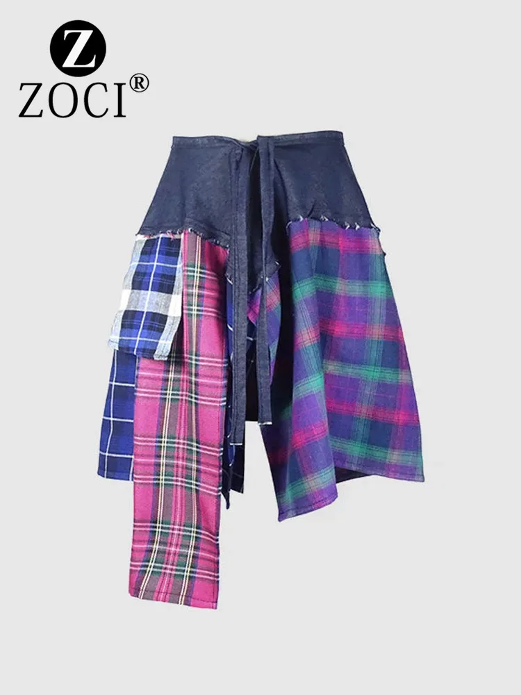 [ZOCI] Niche Color Blocking Plaid Denim Patchwork Irregular Flesh Blocking Hem Couple Short Yoga Sports Outer Wear Fart Curtain