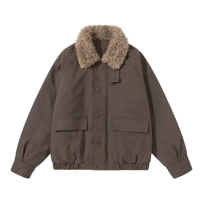 Winter Japanese Retro Workwear Short Cotton Jacket for Men and Women Loose Lambhair Collar Thick Coat