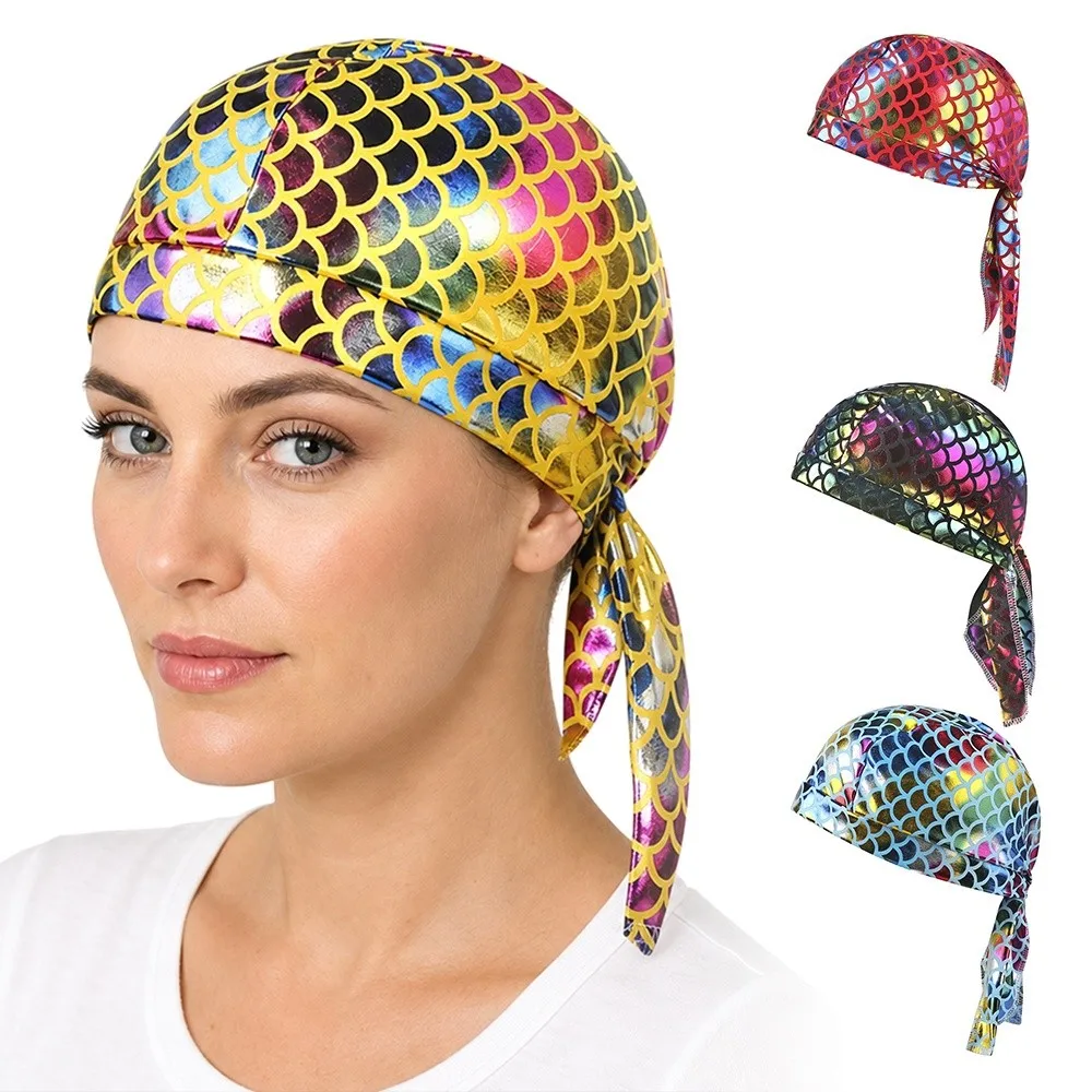 New Shiny Fish Scale Print Bandana Hat Quick Dry Breathable Pirate Hat Elastic Comfortable Sun Protection Cap Outdoor Activities