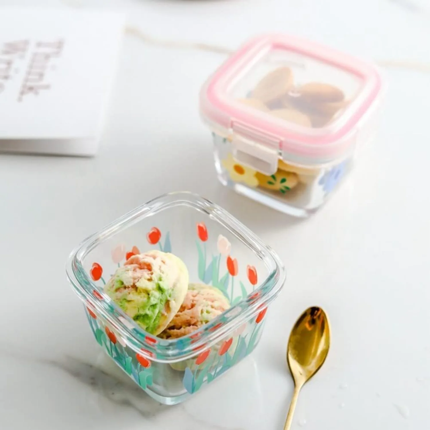 2 Pack 4 OZ Mini Square Glass Food  Containers with ,Floral Food Jars Small Glass Container for Food Portion, Sauce,Snack,Yogurt