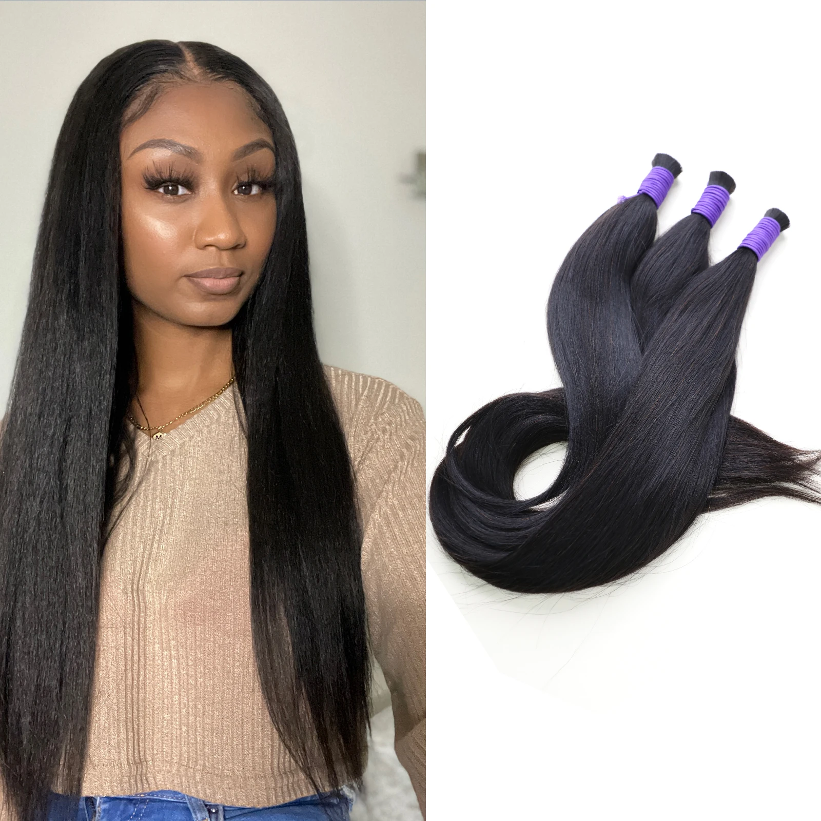 Extensions de Cheveux Humains Crépus Lisses, Sans Trame pour Tresses, 30 Pouces, Vierges, Noirs Naturels, Brésiliens, 100% en Vrac