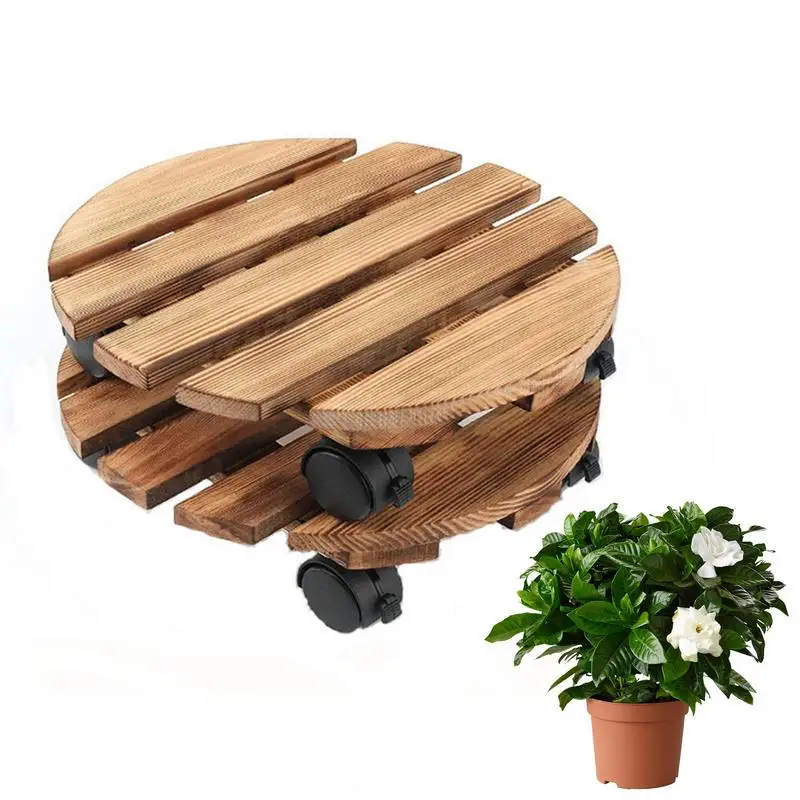 Wooden Plant Holder Stand Rolling Flower Pot Display Stand Planter Base With Wheels Round Pot Holder Indoor Outdoor Home Decor