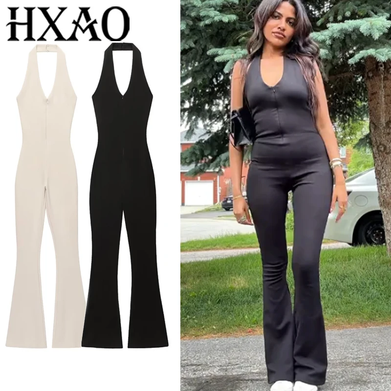 

HXAO Long Jumpsuits Women Black Tight Jumpsuit Woman Full Length For Women Fitness Overalls Summer Halter Backless Sexy Bodysuit