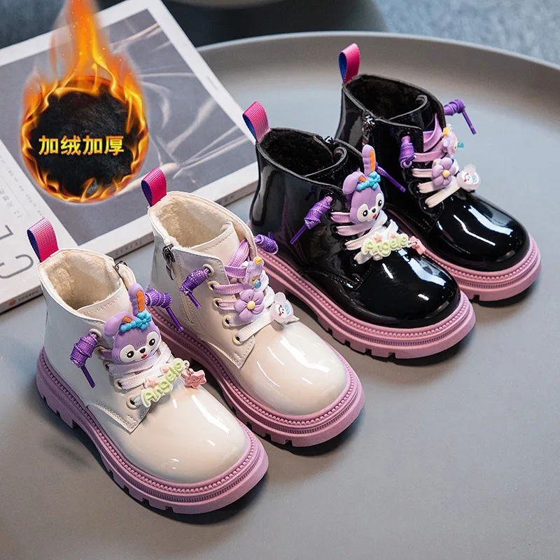 Fashion Children Shoes Girls Boots Cartoon Kids Casual Sneaker Black Pink Leather Tennis Cute Boots for Girl Free Shipping