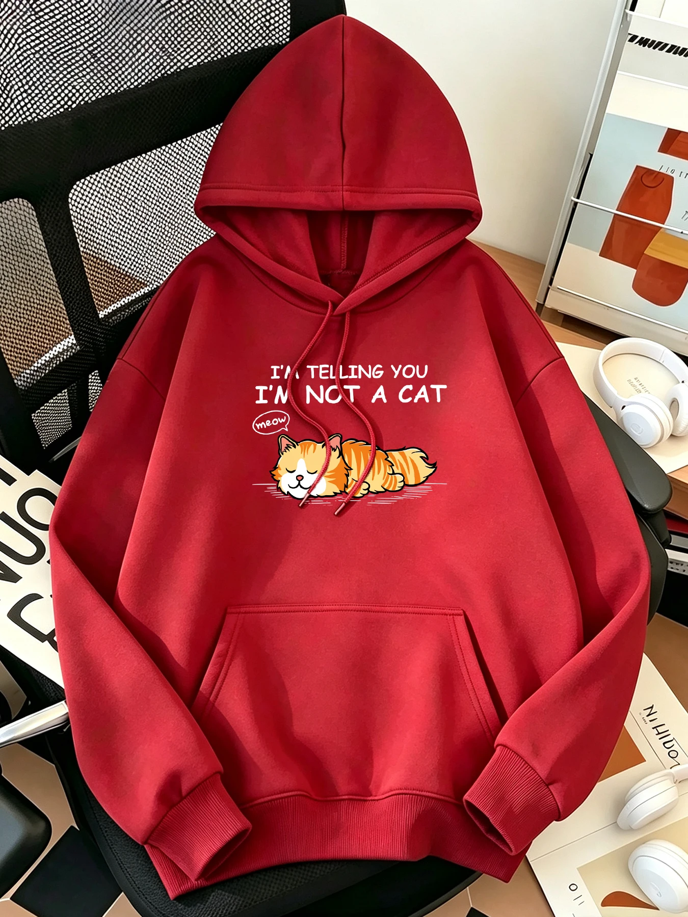 I'M Not A Cat Meow Orange Cat Pattern Women'S Autumn Casual Hoodie Soft Sport Pullover Cartoon Y2K Clothing Fashion Pocket Tops