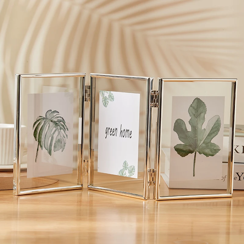 

Foldable 3/2 Panel Gold Plated Photo Frame, Double Sided Clear Glass Desktop Display Stand, Photo Frame for 5/6/7/8 Inch Photos