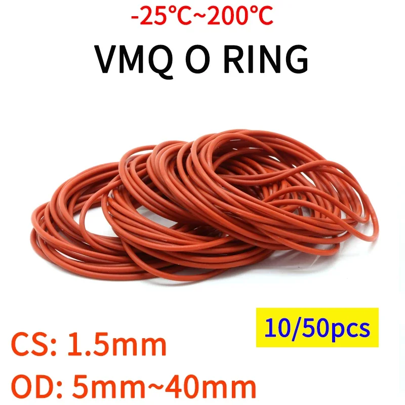 10/50 stuks Rode VMQ Siliconen o Ring CS 1.5mm OD 5 ~ 40mm Food Grade Waterdichte wasmachine Rubber Isoleren Ronde O Vorm Afdichting Pakking