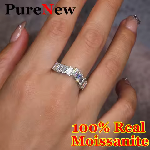 PureNew V Shape Emerald Cut Women's Moissanite Diamond Ring 925 Silver Plate 18k D Color Fashion Full Moissanite Ring For Women