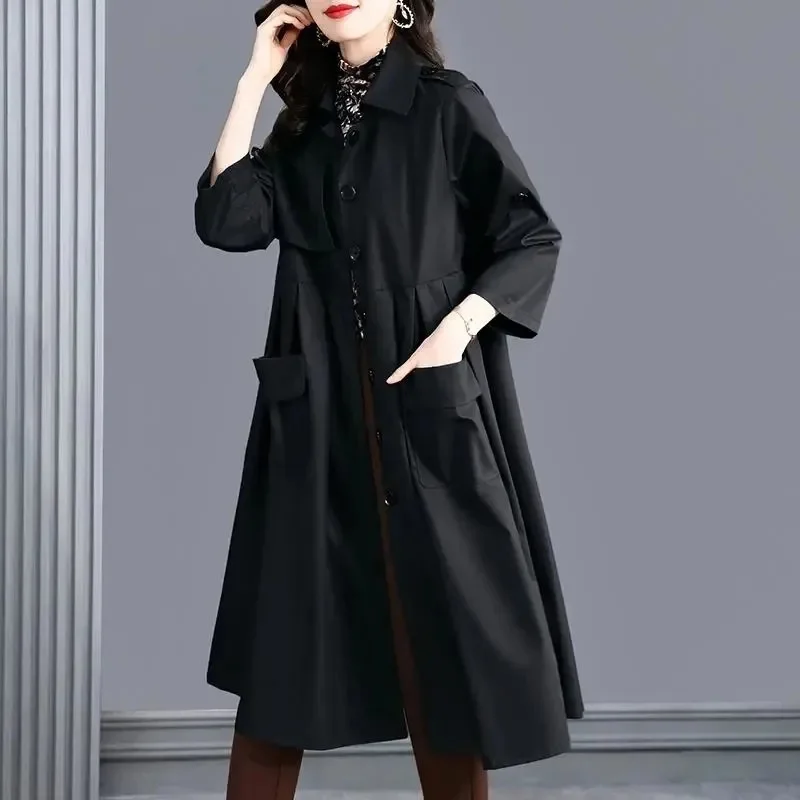 3XL Female Windbreaker Coat Women\'s Spring 2023 New High End Loose Style Slim Autumn Mid length Coat Women Pocket Pleating Coat