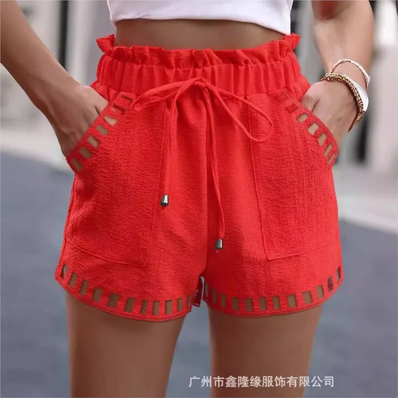 Drawstring Hollow Splicing Super Shorts Womens Summer New Versatile Diagonal Pocket Casual Beach Resort Style Solid Color Shorts