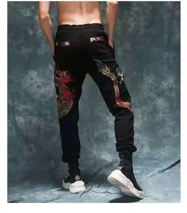 

Fully Embroidered Sanitary Pants with Chinese Style Embroidered Cotton Pants Embroidered with Tattoos and Gold Dragon Embroidery