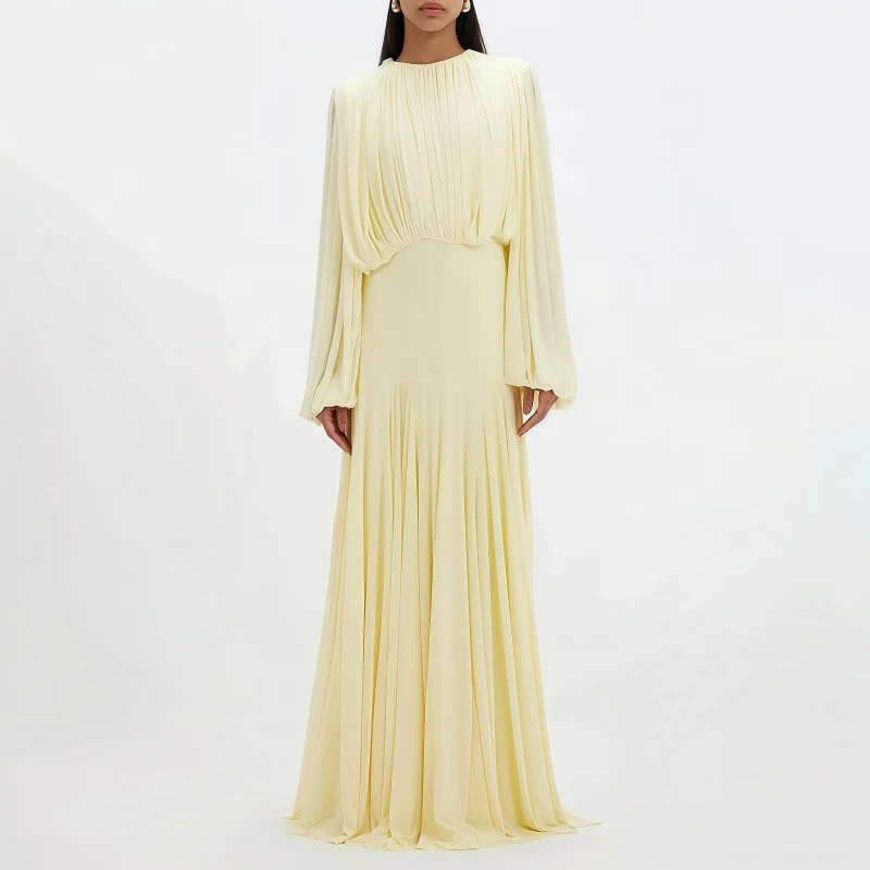 

Желтое вечернее платье макси с драпировкой и открытыми плечами, с круглым вырезом, завышенной талией, элегантное, модная женская одежда 2026