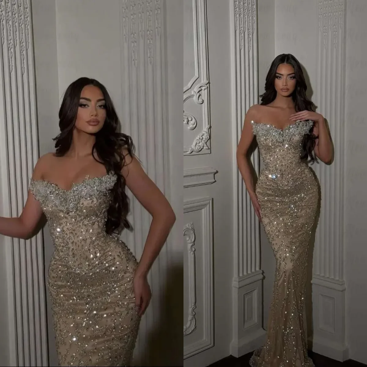 

Exquisite Mermaid Prom Gowns Strapless Floor Length Evening Dresses Crystals Sequin Special Occasion Party Customized