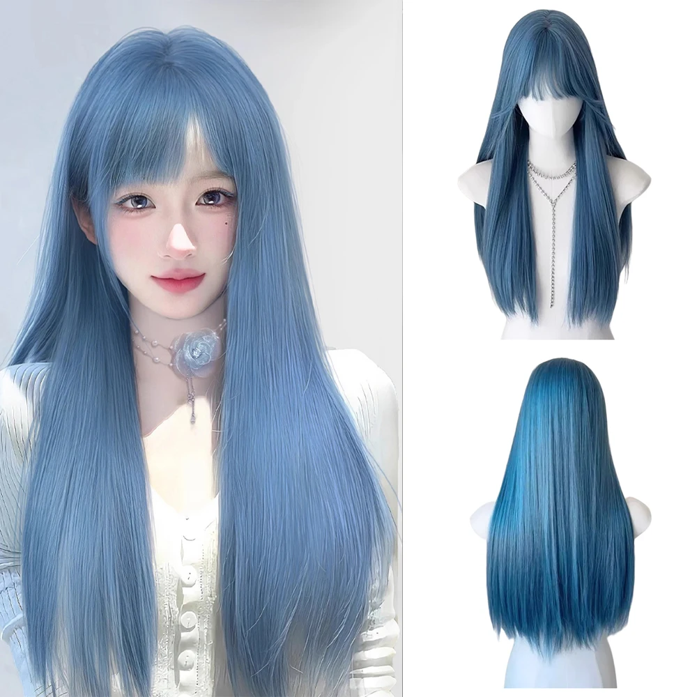 Peruca Lolita de Cabelo Liso de Alta Qualidade de 23 Polegadas com Franja Branca e Roxa, Adequada para Uso Diário e Festas, Natural e Resistente ao Calor