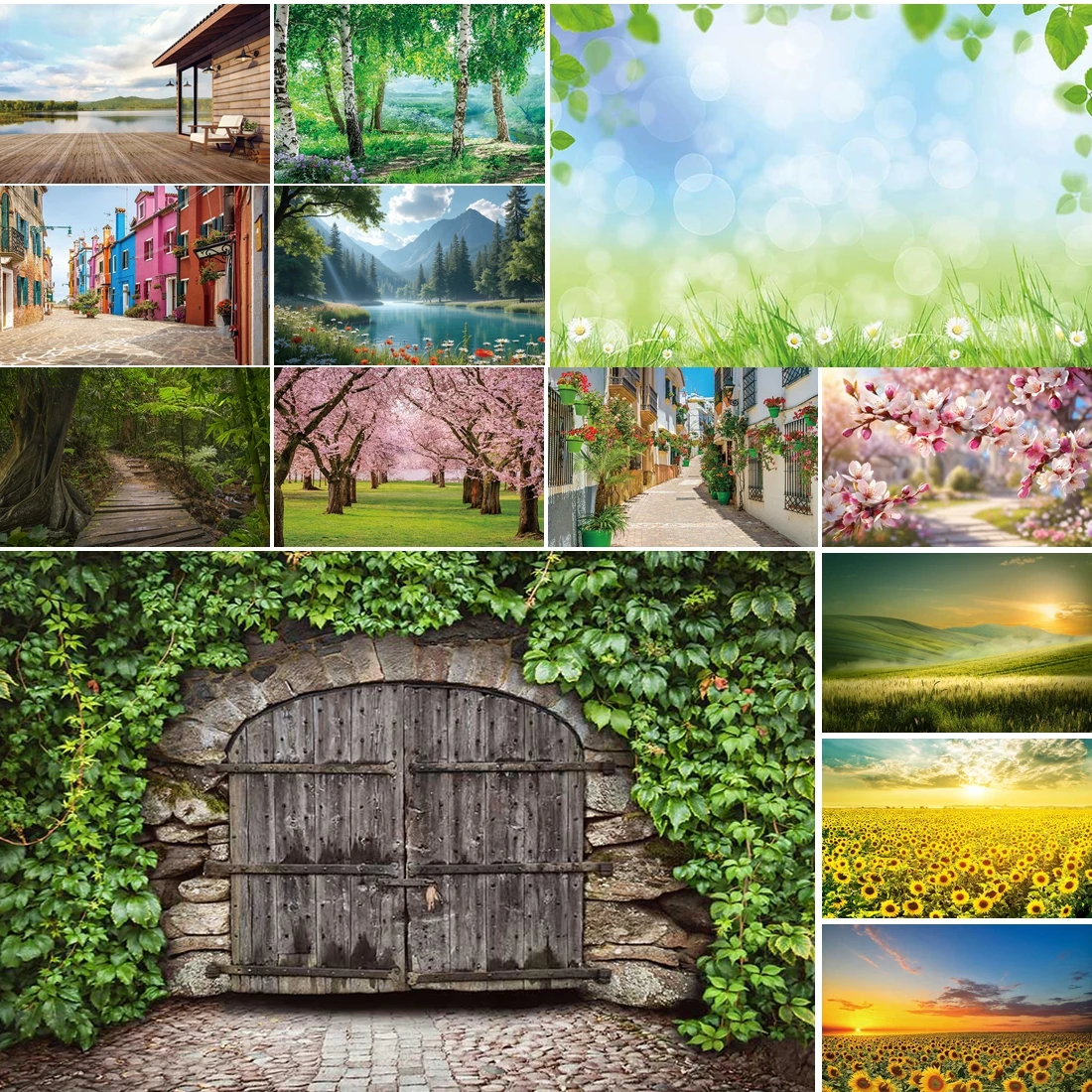 

MOON.QG Sunflower Spring Photography Background Green Grass Forest Town Backdrop Wallpaper Child Photozone Decoration Decoration