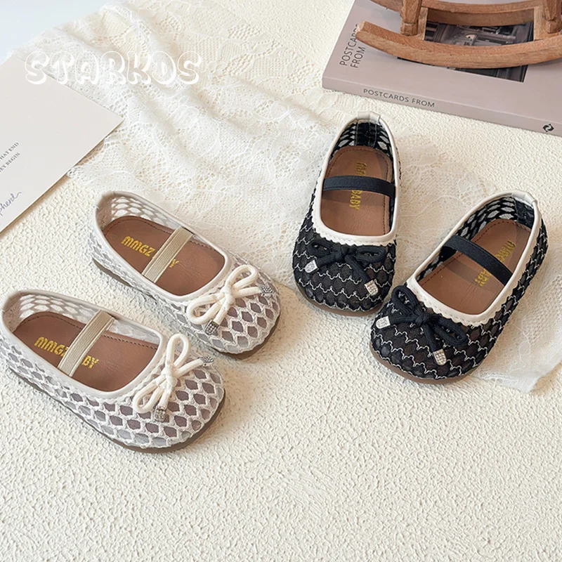 Luxury Silver Gauze Mesh Ballerina Shoes Kid Girl Breathable  Hollow Out Lace Crochet Ballet Flats Child Fishnet Zapatos
