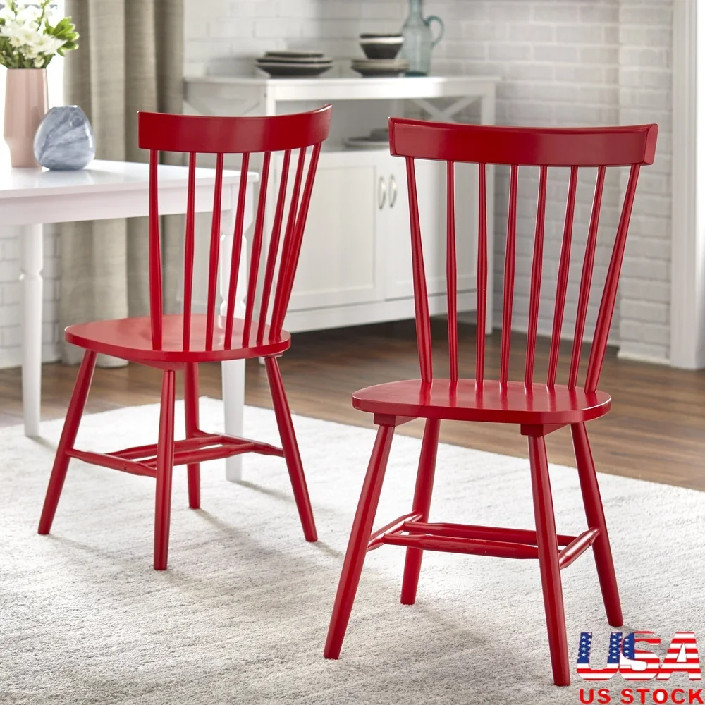 

Set of 2 Rubberwood Dining Chairs Indoor Windsor Back Country Style Comfortable Seating Kitchen or Dining Room