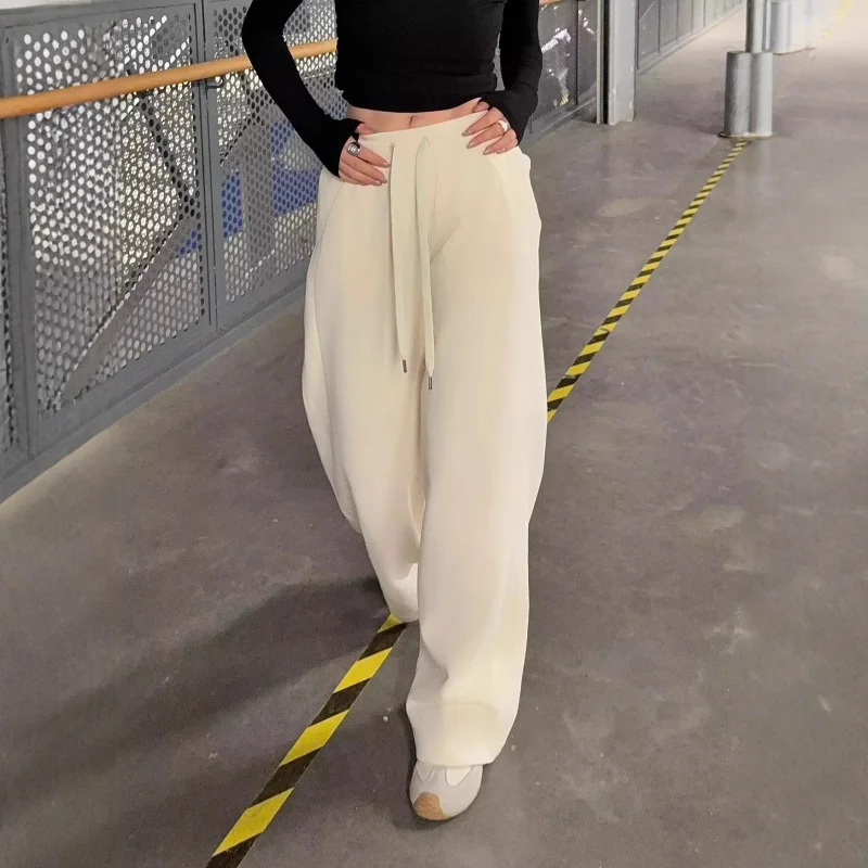 Women Drawstring Wide Leg Sweatpants High Waist Straight Fit Soft Draped Yoga Fitness Trousers Minimal Athletic Lounge Pants
