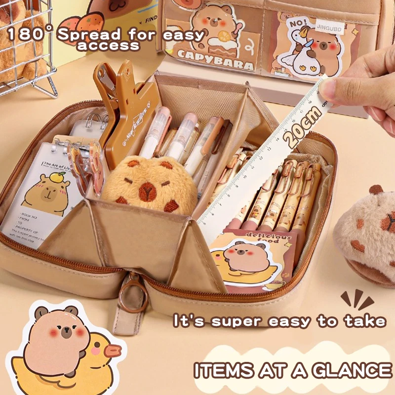 Coffret à crayons capybara 17/31 pièces, sac en toile de grande capacité à 5 couches, sac de rangement multifonctionnel, sac à cosmétiques Portable