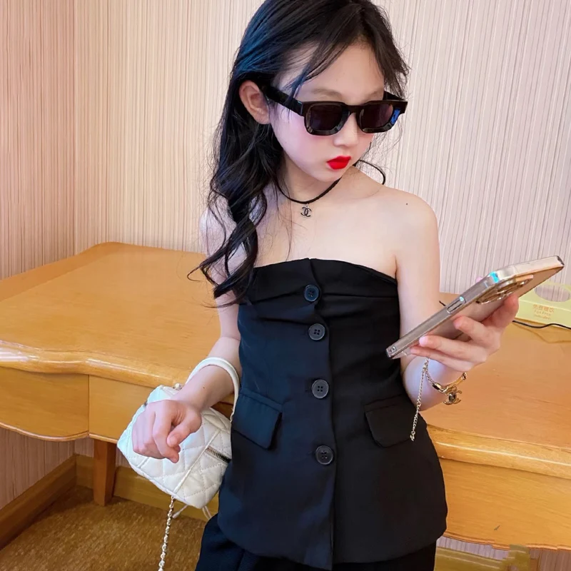 Summer teen Girls Blazer Vest Toddler top Kids Blazer Children Fashion Clothes Sleeveless Shoulderless Back Stretchable 3-15Y