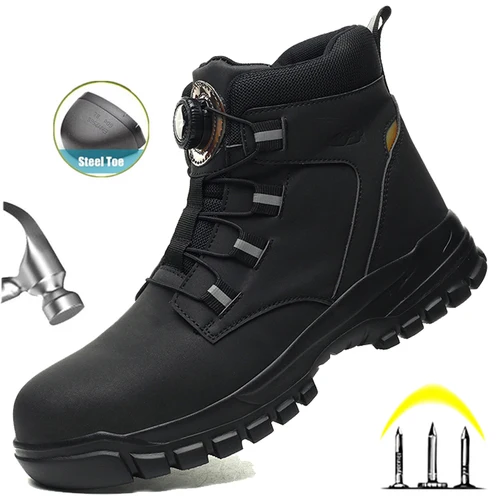 Zapatos de trabajo con botón giratorio para hombre, zapatillas de trabajo antipinchazos, zapatos de seguridad para el trabajo impermeables, botas tácticas con punta de acero antideslizantes