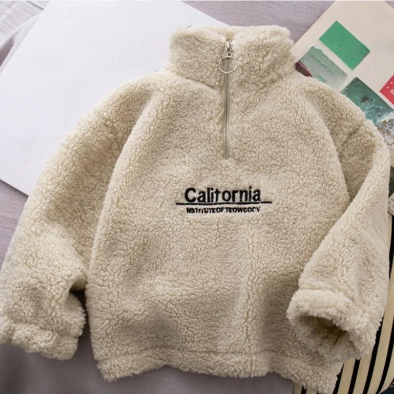 

Детский кашемировый свитшот, винтажная толстая свободная куртка с воротником-стойкой и полумолнией для девочек, осенне-зимняя теплая верхняя одежда с вышивкой