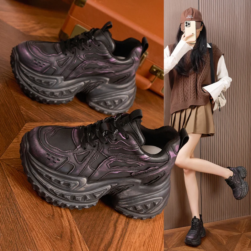 10cm Platform Wedge Sneakers Chunky Genuine Leather Women Spring Shoes New Autumn Winter Walking Sneakers Vulcanize Fashion image 6