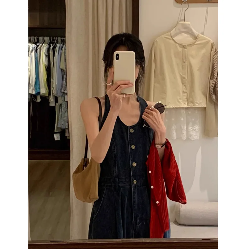 Soft Korean-style Retro Hong Kong-style Slimming Neck-wrap Denim Suspenders One-piece Pants for Women, New Style Long Pants