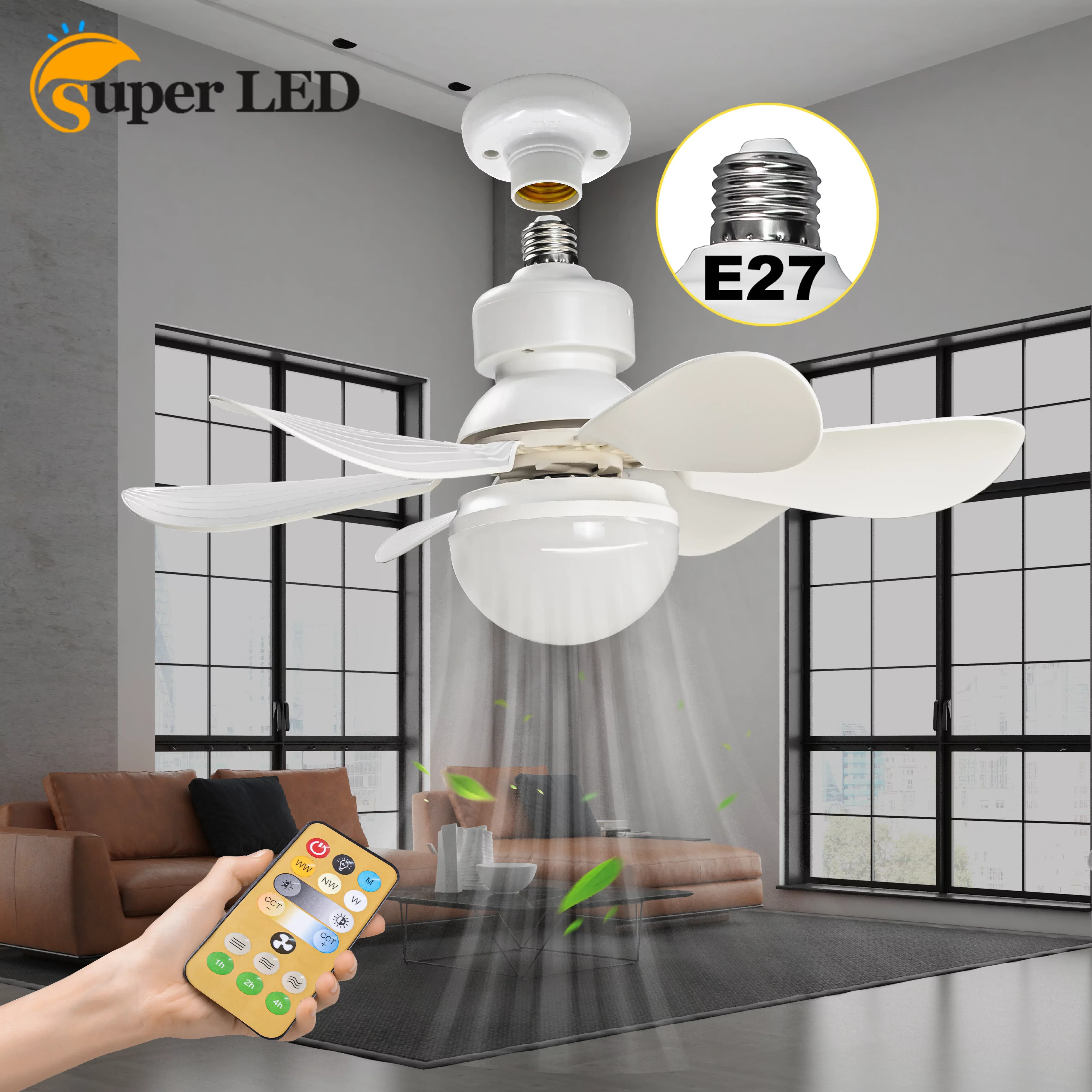 Afstandsbediening Led Plafondventilator Met Verlichting Lampblad Ventilatorlamp E27 Converter Lamp Voor Slaapkamer Living Fan Light