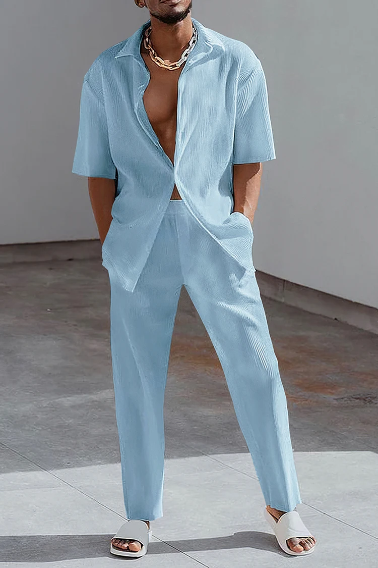 Summer Fashion Print Two Piece Set Men Lapel Button Short Sleeve Shirt And Straight Pants Suit Men Casual Oversized Clothes