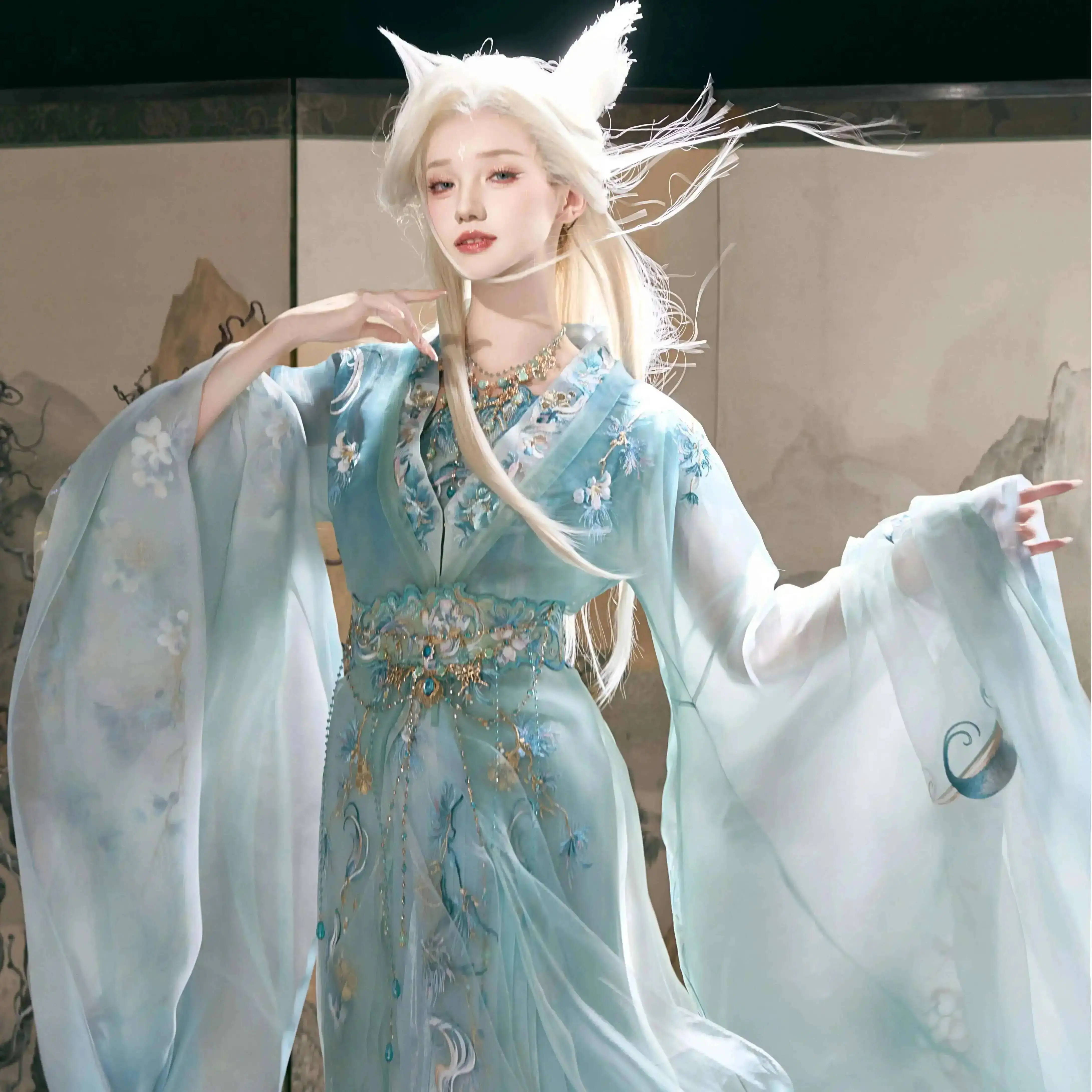 

Hanfu для женщин и взрослых, весна-лето 2029, крутой стиль, Qingqiu, древний костюм с тяжелой вышивкой, с большим рукавом, улучшенные военные штаты