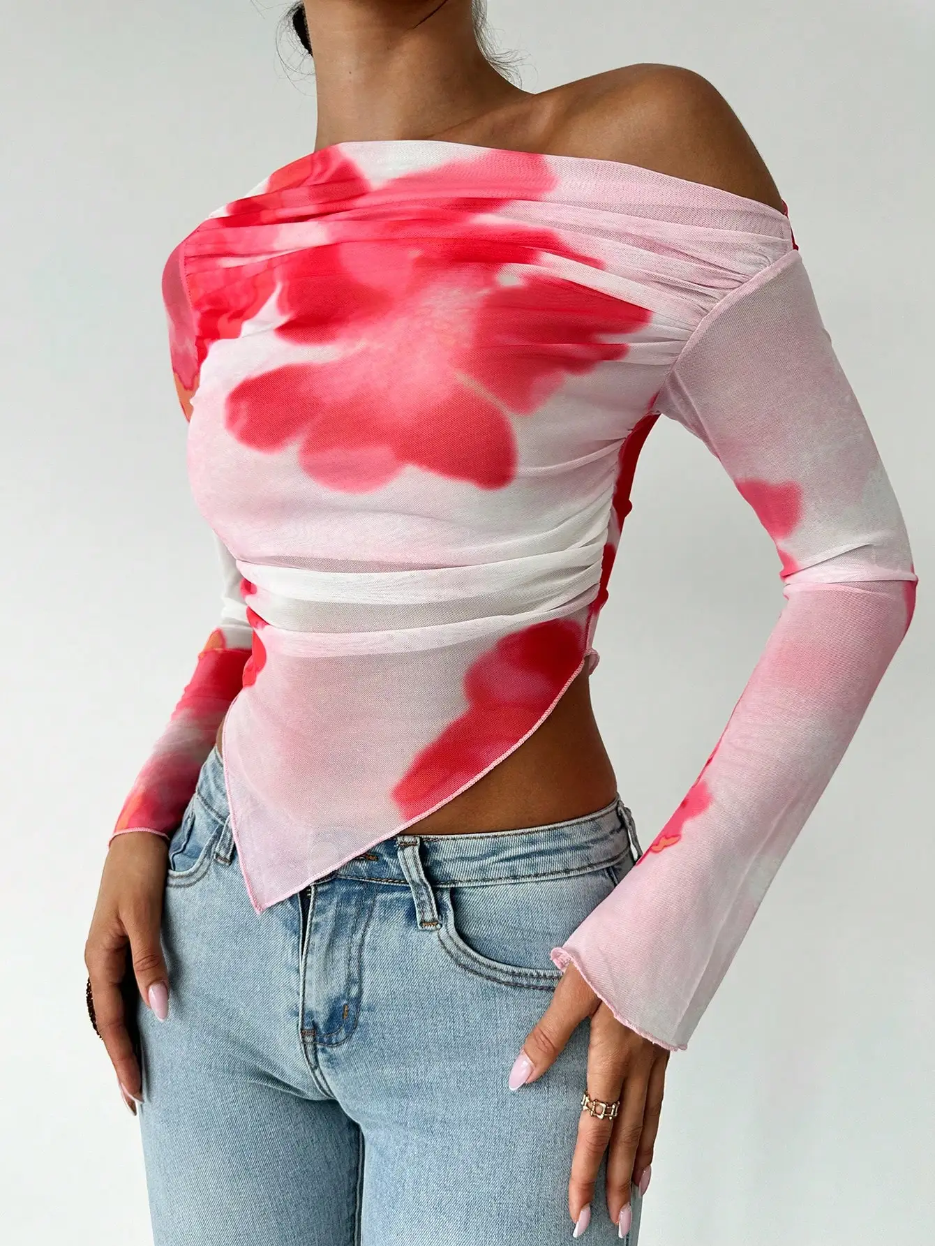 Sweet Spice Personality Style Mesh Print Diagonal Shoulder Long Sleeve Top Irregular Off-the-shoulder Short Top for Women image 6