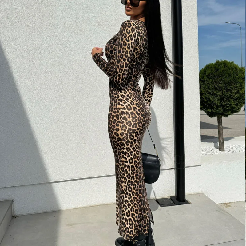 موضة جديدة مثير ليوبارد فستان مطبوع المرأة كم طويل قطع فستان الحفلات المرأة فساتين السهرة الطويلة نادي رداء