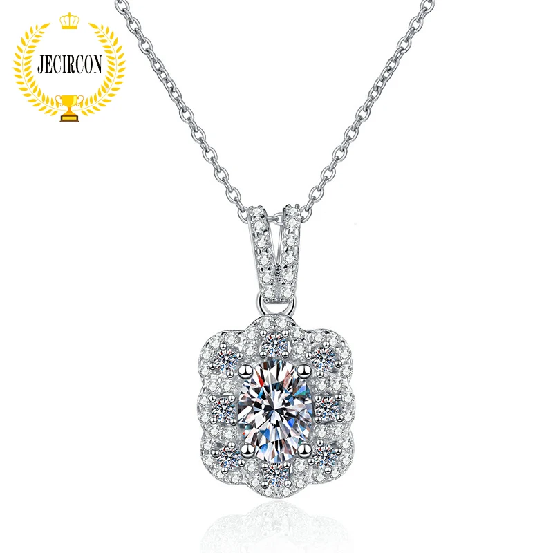 

JECIRCON 925 Sterling Silver Necklace Egg-shaped 1ct D Color Moissanite Temperament Full Diamond Bud Clavicle Chain for Women