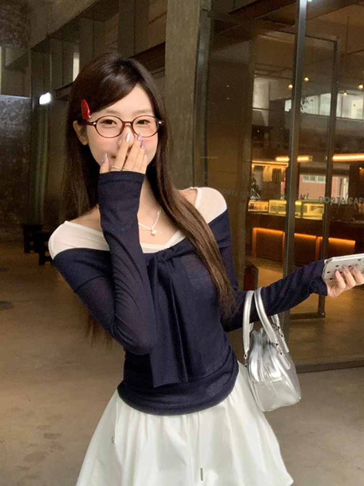 Sweet Preppy Slim Fit T Shirt Women Long Sleeve Bandage Off Shoulder Casual Sexy Tees Mesh Fake Two Piece Patchwork Hottie Tops