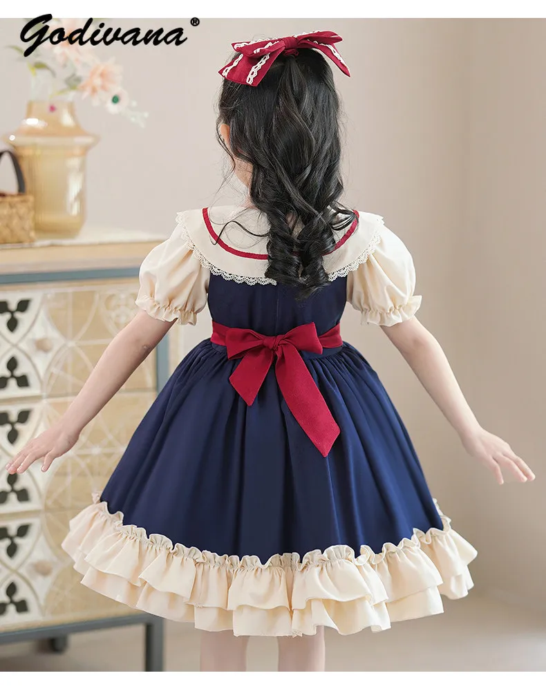 Sweet Baby Girls Elegant Lolita Princess Dress 2026 New Summer Kids Cute Bow Lace Trim Puff Sleeve High Waist Color Block Dress