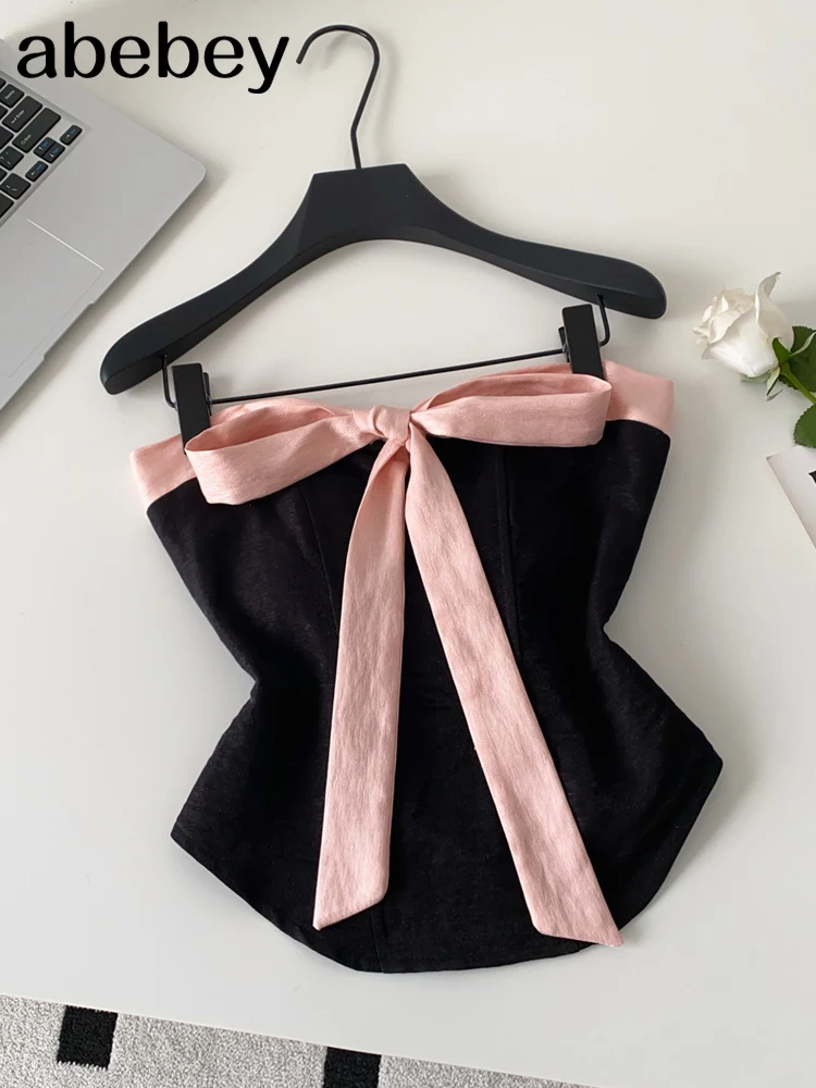 

Contrast Color Bow-knot Tube Top Women Summer 2026 New Sexy Party Club Strapless Sleeveless Backless Crop Top Y2K Clothes