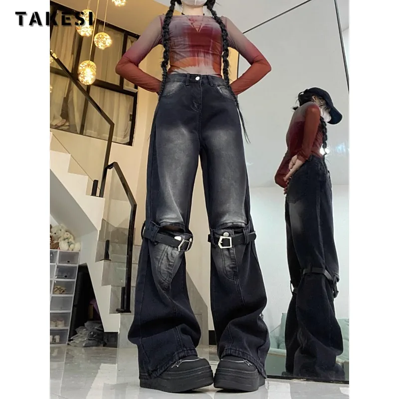 Korean High Street Fashion Dark Pop High Waist Jean Pants Women Chic Ripped Do Old Cowboy Straight Pant 2024 New Streetwear Tide