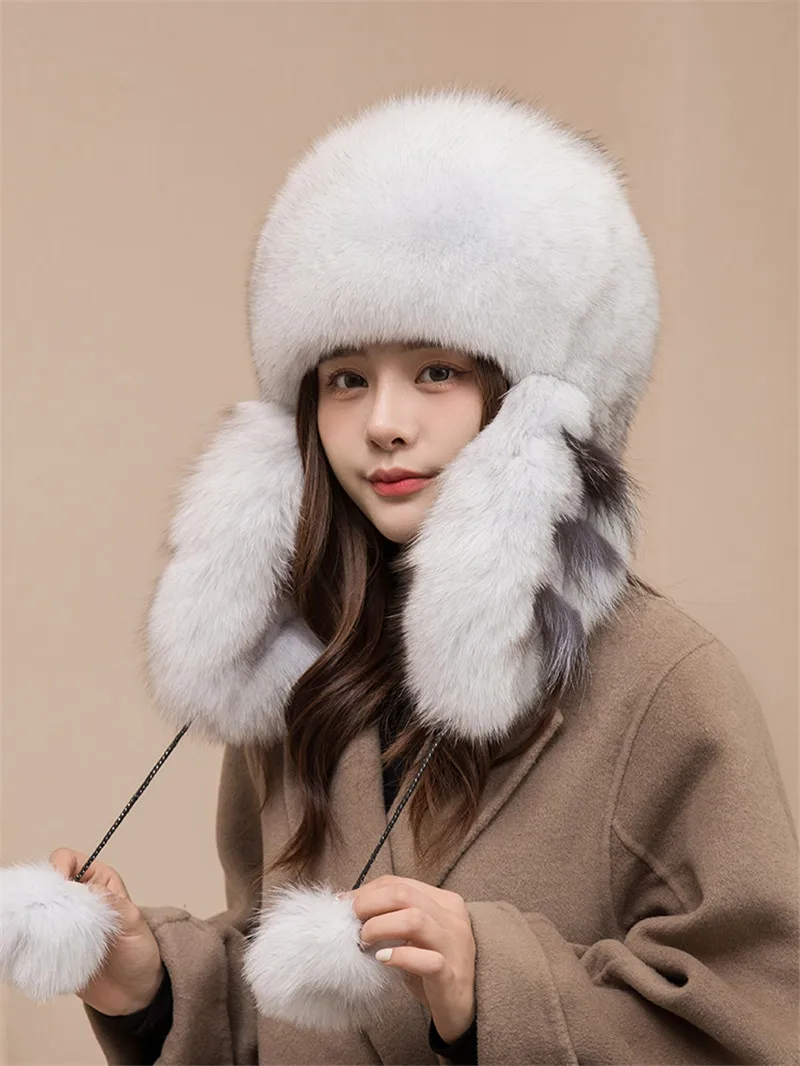 

2022 New Ushanka Hat Stylish Russia Bomber Fur Cap Natural Fox Rabbit Fur Earflap Winter Hats Women