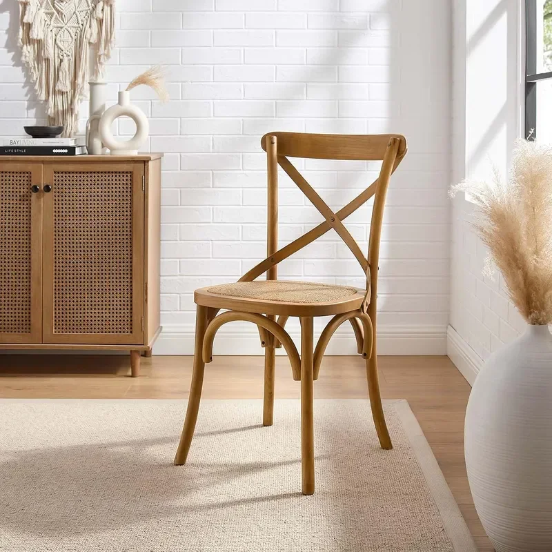 Rustic Modern Farmhouse Elm Wood Rattan Dining Chair in Walnut