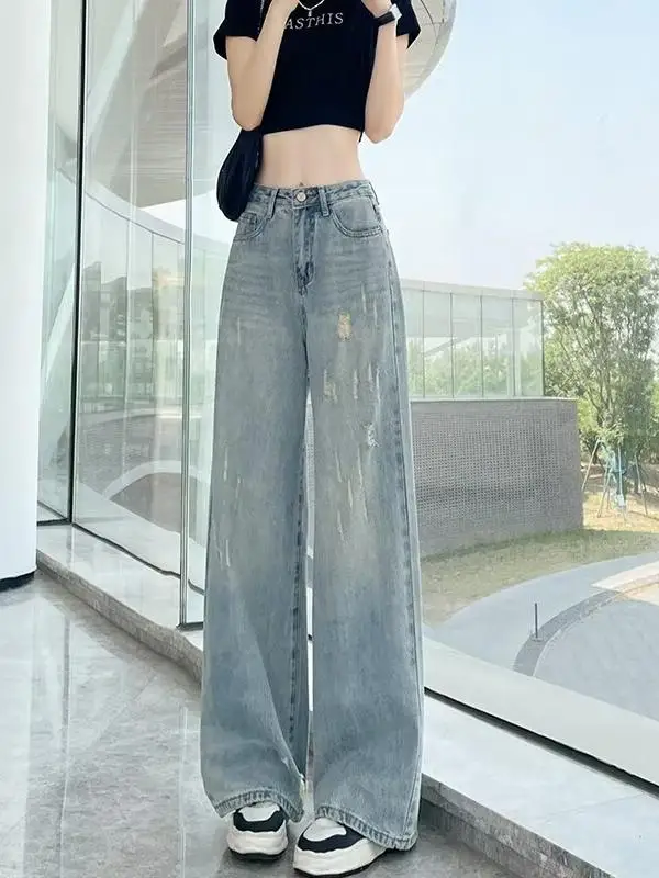 

High Waist Wide Leg Jeans Women's Spring Autumn New Sle Faded Waed Denim Pants Loose Fit Slimming Floor-Length Trousers