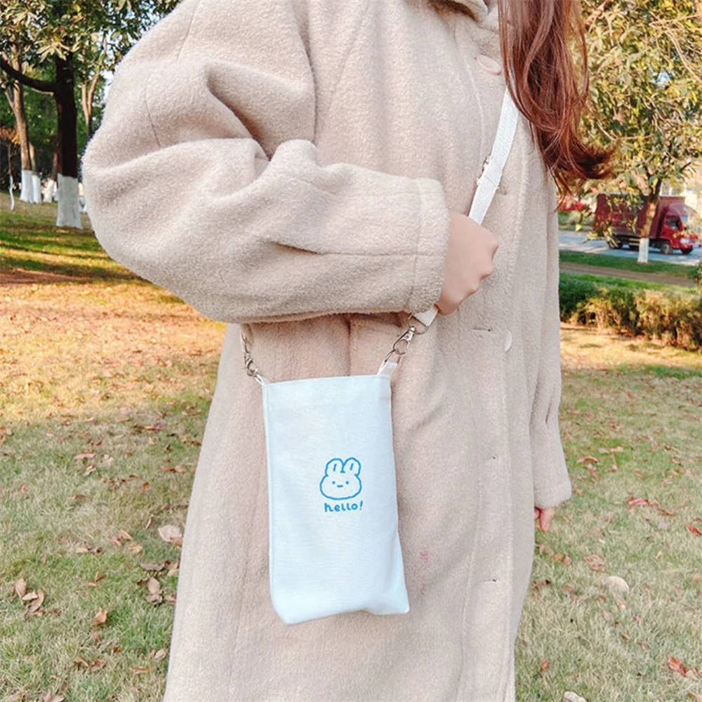 White Ins Insulation Cup Storage Bag Simple Water Cup Bag Bottle Organizer Phone Crossbody Bag Cartoon Small Canvas Bottle Bag