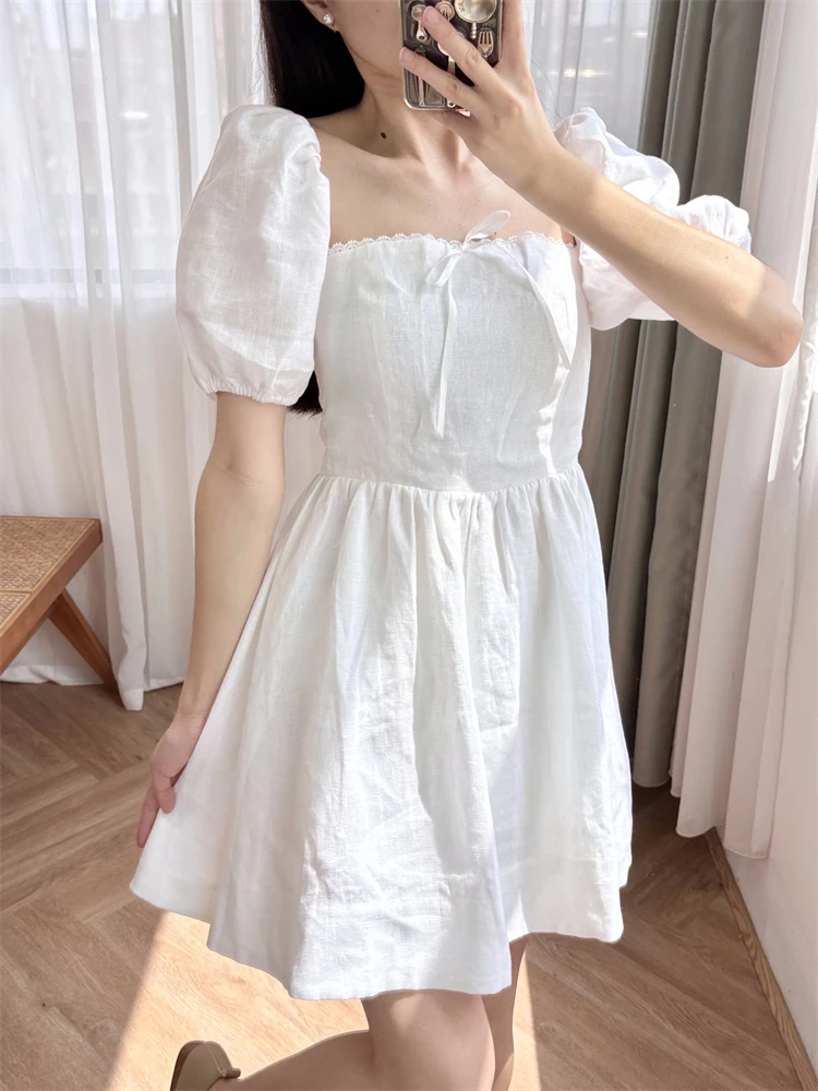 New 2024 Summer High Quality Women Linen Short Dress Lace A-Line Puff Sleeve Sweet Chic Stunning Fashion Design Trendy Stylish