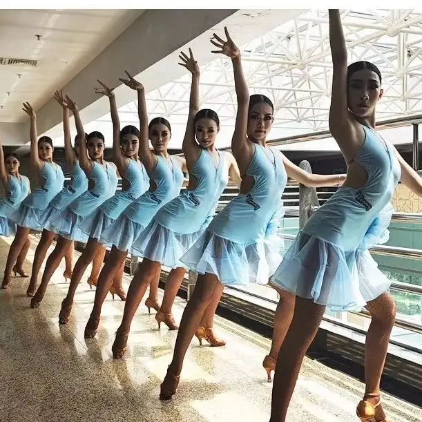 New Latin Dance Training Dress Grils Blue Halterneck Sleeveless Halterback Women Team Competition Performance Costumes Summer