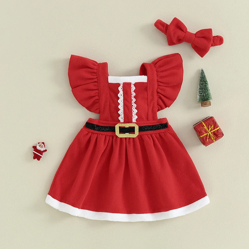 2023-08-04 Lioraitiin 6M-4T Toddler Girls Christmas Dress Ruffle Sleeve Belt Front Dress with Headband Baby Santa Outfit