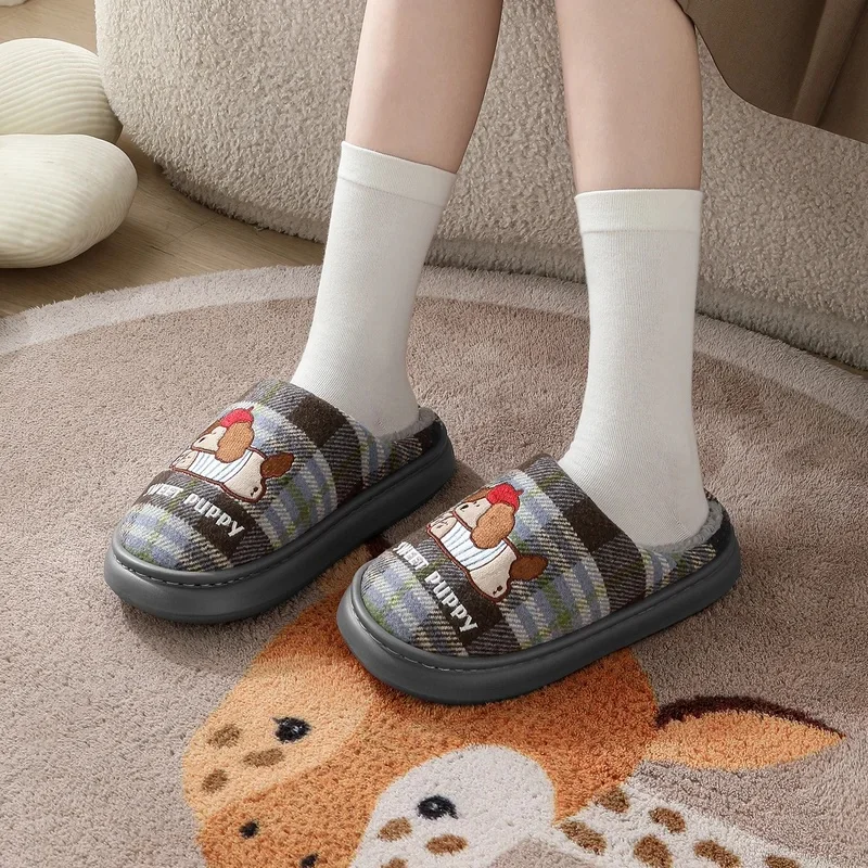 ZUOFU Plaid Puppy Print Plush Slippers For Women Men Autumn Winter Non-Slip EVA Sole Wool Lining Indoor Home Slippers